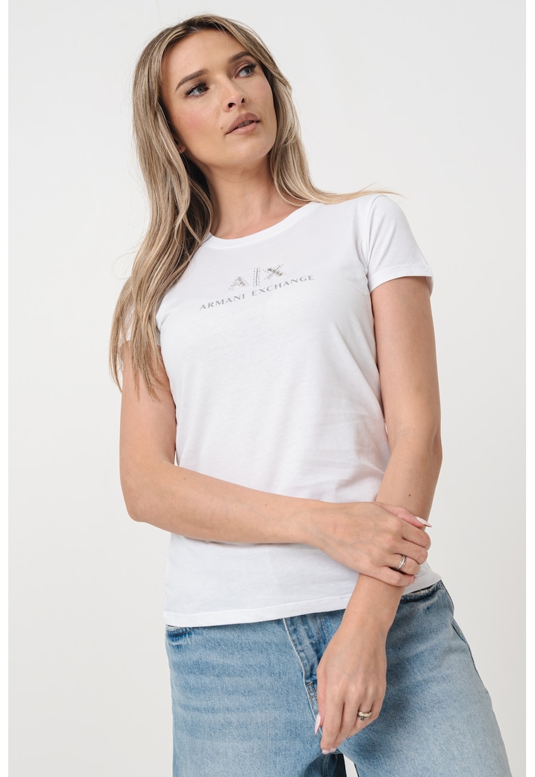 Tricou de bumbac cu decolteu rotund si logo - Alb/Argintiu