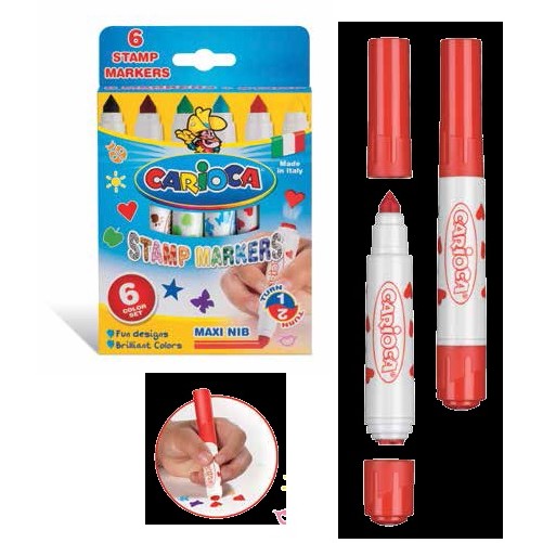 Set  6 markere lavabile, cu 6 stampile diverse forme, cutie carton, CARIOCA Stamp markers