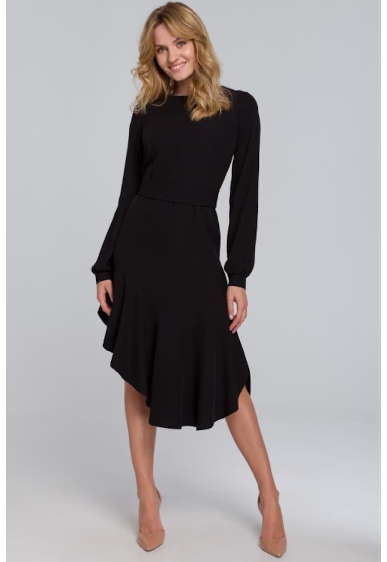 Rochie asimetrica cu volanas - - Negru