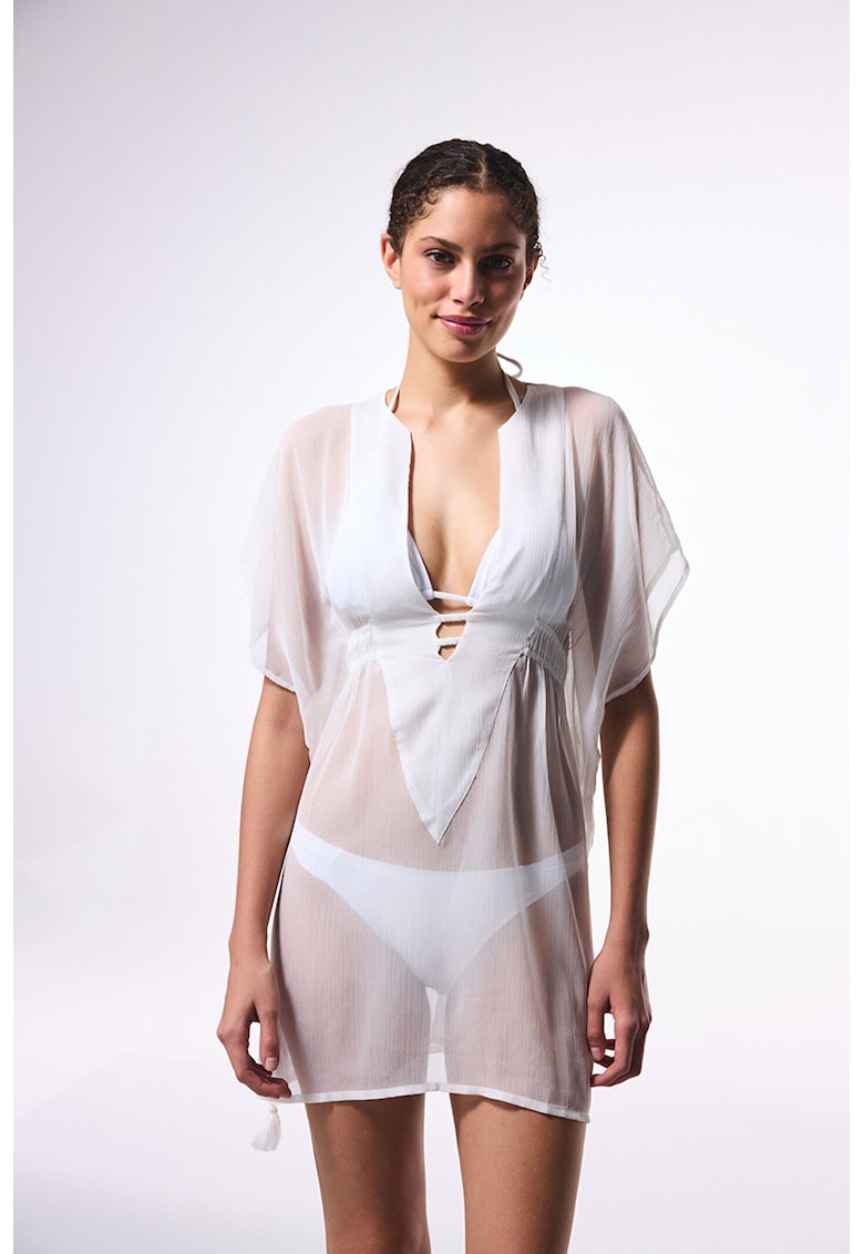 Rochie de plaja cu decolteu in V - Alb optic