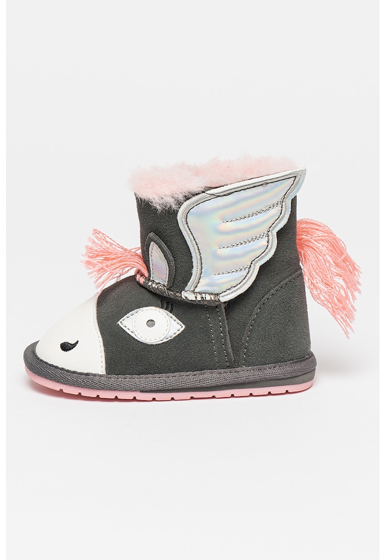 Cizme joase din piele intoarsa cu model unicorn Pegasus - Gri inchis