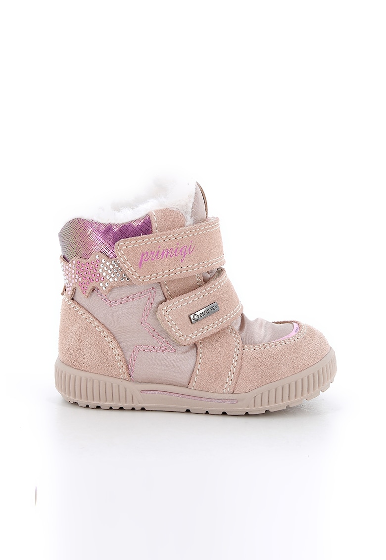 Ghete de piele intoarsa cu velcro si aplicatii de strasuri - Roz