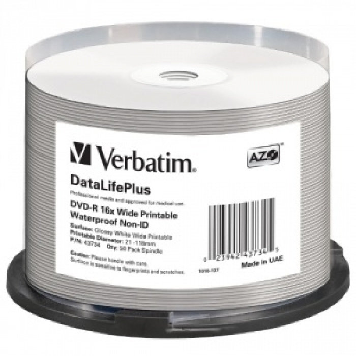 Blank Dvd-R Verbatim .Dl+ 16x 4.7gb 50pk Spindle Wide Glossy Waterproof Printable Surface Non-Id 43734