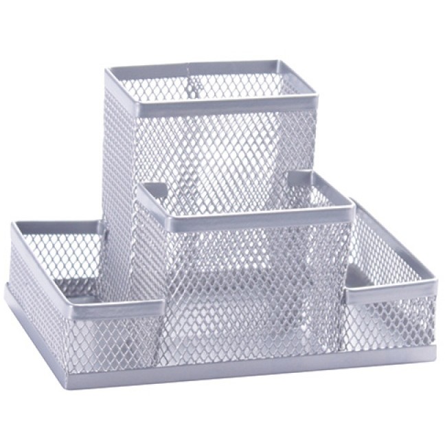Organizer metalic Mesh, de birou, 4 compartimente, Q-Connect - argintiu