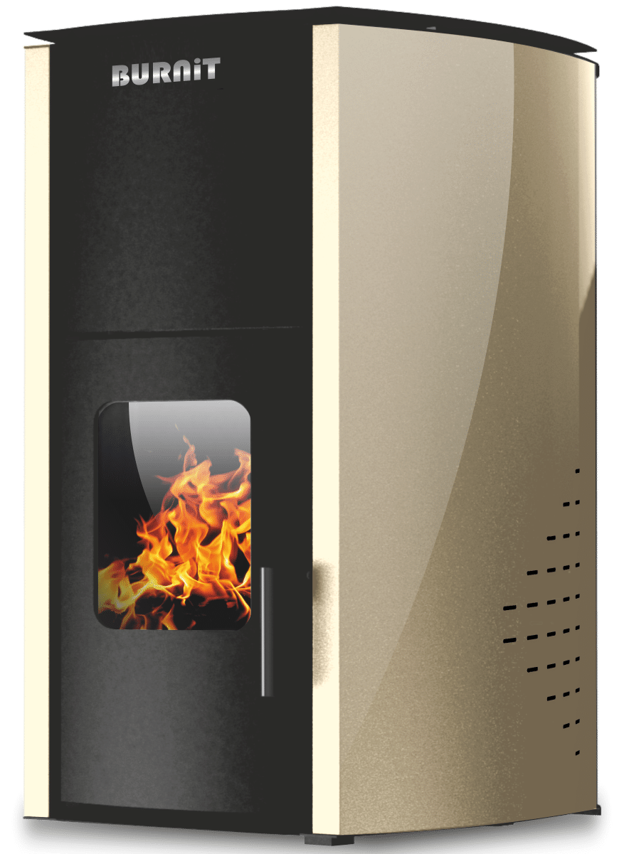 Termosemineu pe peleti Burnit Comfort 18 kw complet echipat pentru incalzire pompa vas expansiune automatizare buncar peleti 15 kg  tiraj fortat culoare Crem aprindere automata pana la 120 mp
