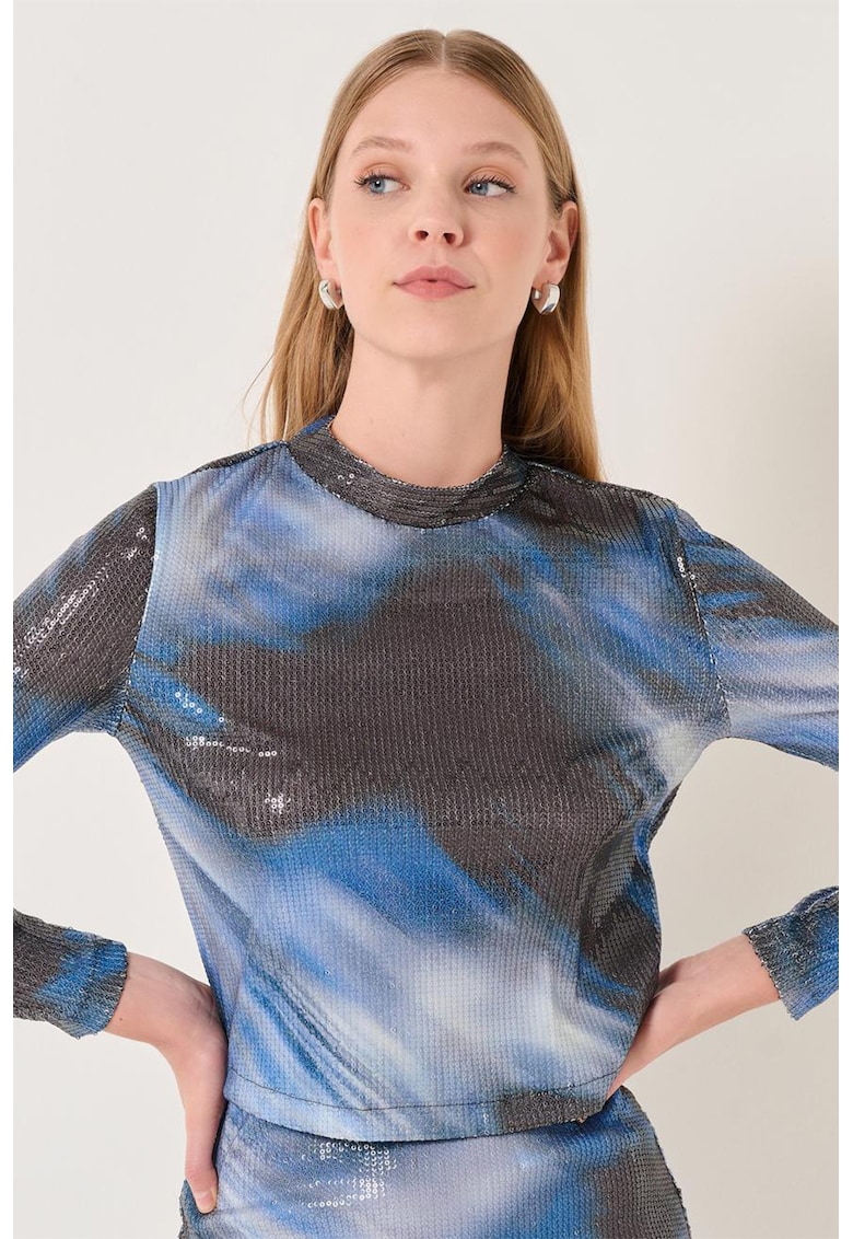 Bluza cu model tie-dye si paiete - Alb/Negru/Albastru