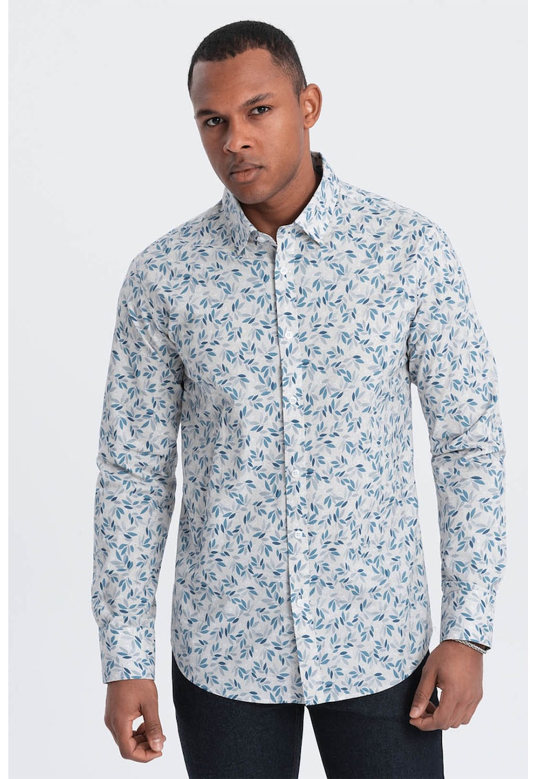 Camasa de bumbac cu model vegetal - Alb/Gri/Albastru