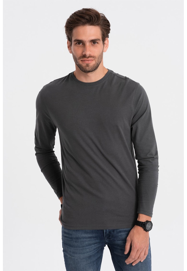 Bluza din bumbac cu decolteu la baza gatului - Gri inchis
