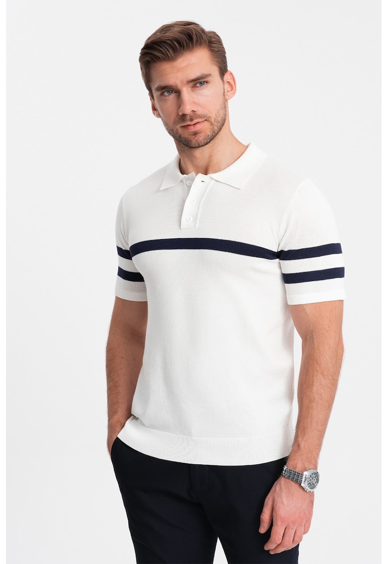 Tricou polo cu dungi contrastante - Alb optic