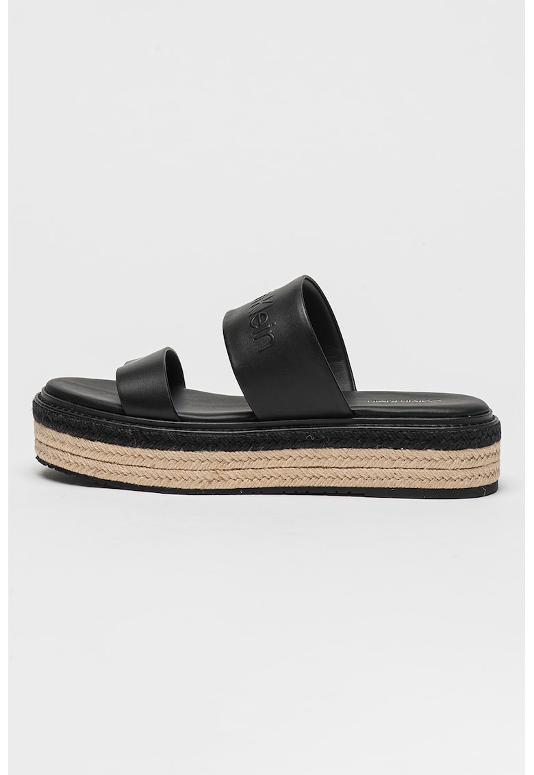Papuci din piele flatform cu model uni - Negru