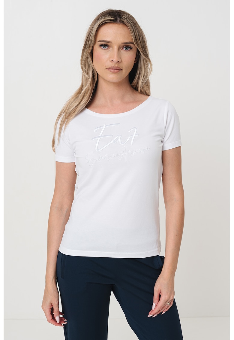 Tricou cu decolteu rotund si imprimeu logo - Alb optic