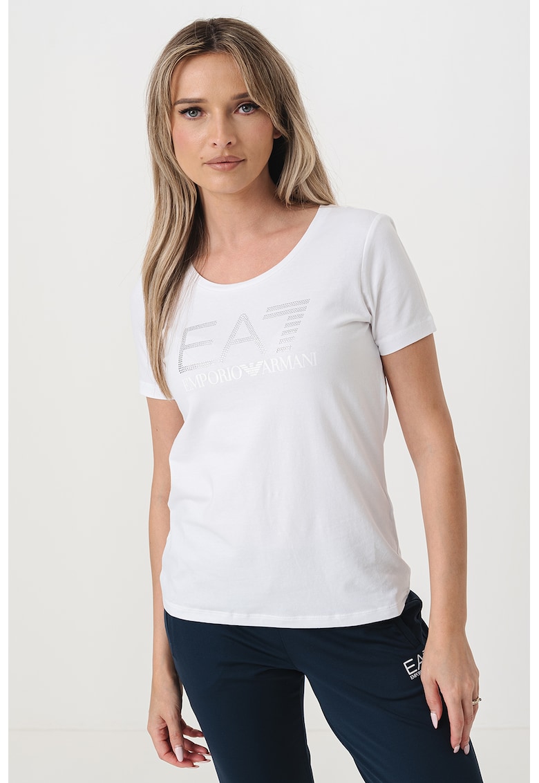 Tricou cu decolteu rotund si imprimeu logo - Alb/Argintiu