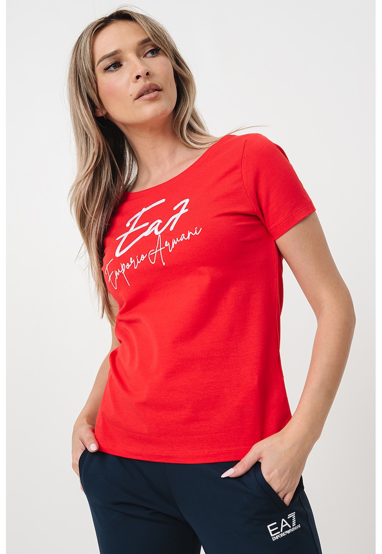 Tricou cu decolteu rotund si imprimeu logo - Rosu/Alb