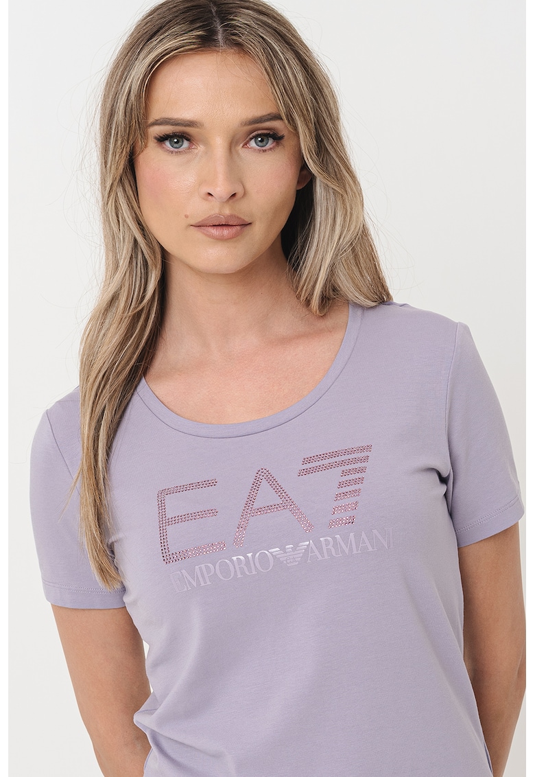 Tricou cu decolteu rotund si imprimeu logo - Lila