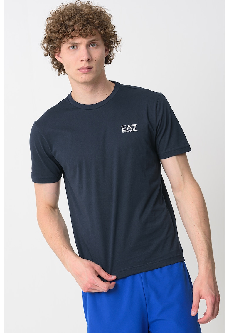 Tricou cu model uni Gircollo - Alb/Bleumarin