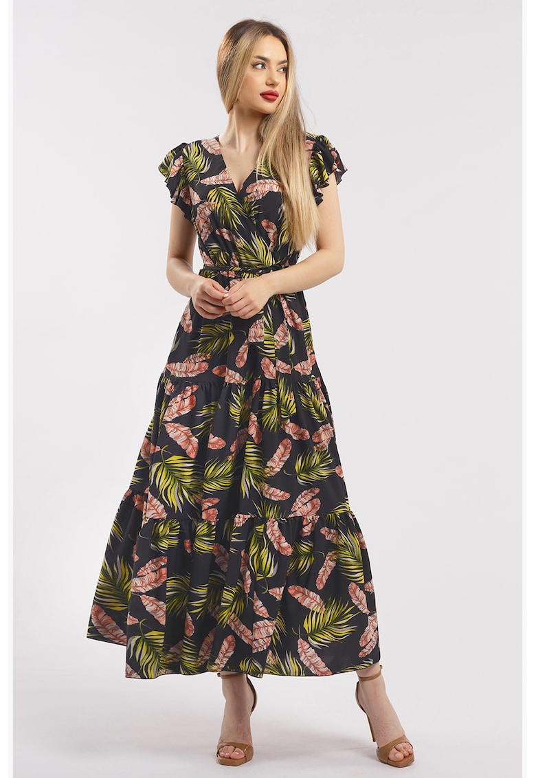 Rochie lunga cu decolteu in V - Negru/Verde lime
