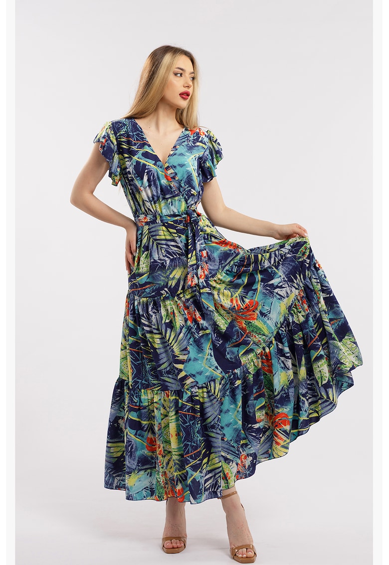 Rochie lunga cu decolteu in V - Verde lime/Bleumarin