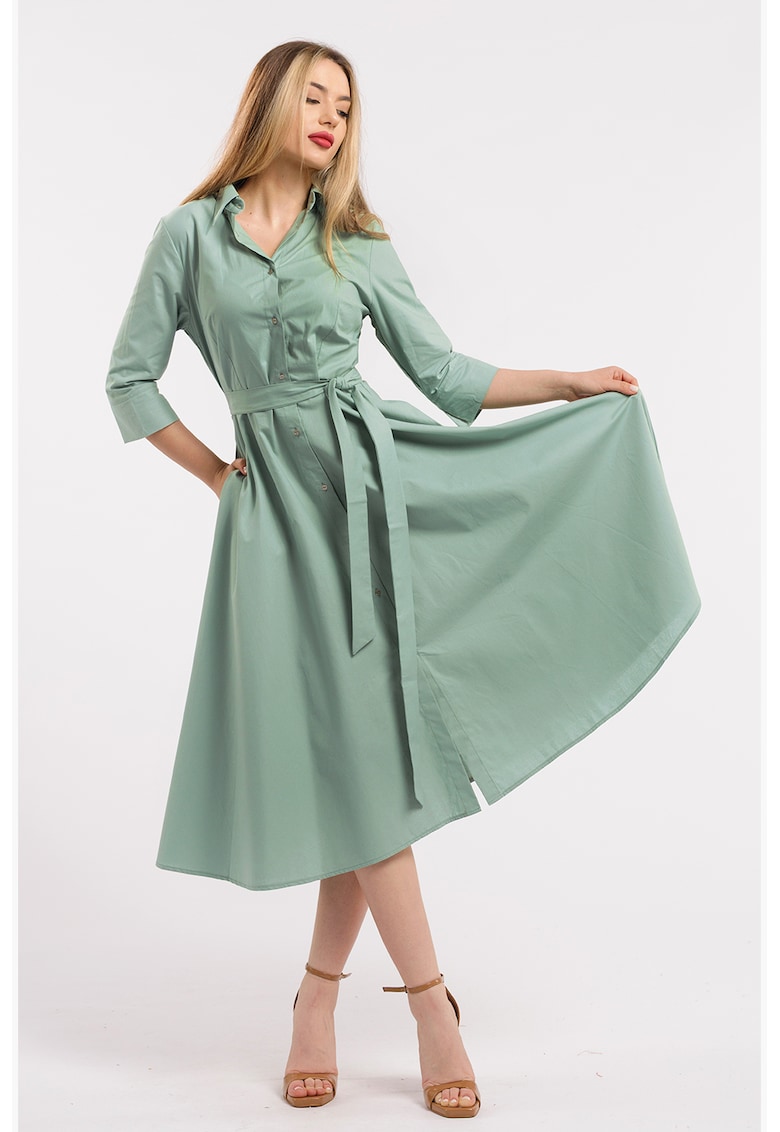 Rochie-camasa evazata cu cordon in talie - Verde feriga