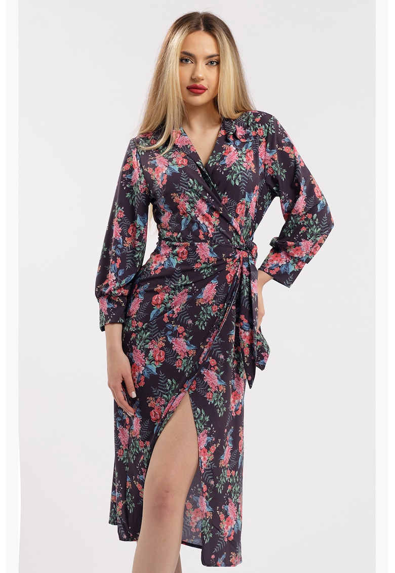 Rochie midi cu croiala petrecuta si slit frontal - Negru/Roz