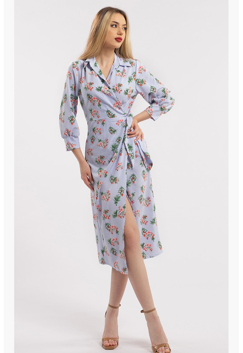 Rochie midi cu croiala petrecuta si slit frontal - Alb/Albastru