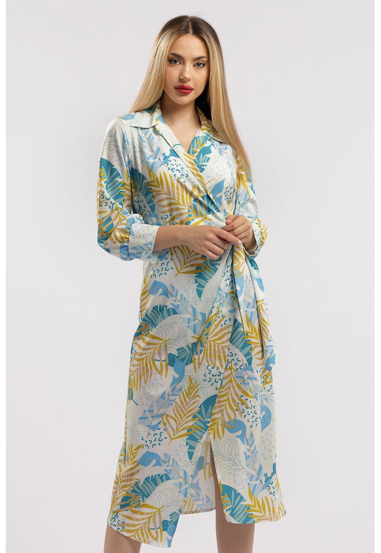Rochie midi cu croiala petrecuta si slit frontal - Albastru deschis/Galben mustar