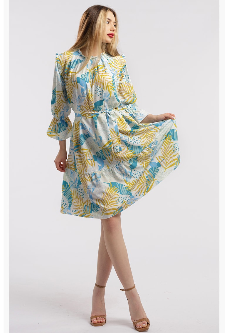 Rochie scurta cu model - Albastru pastel/Galben mustar