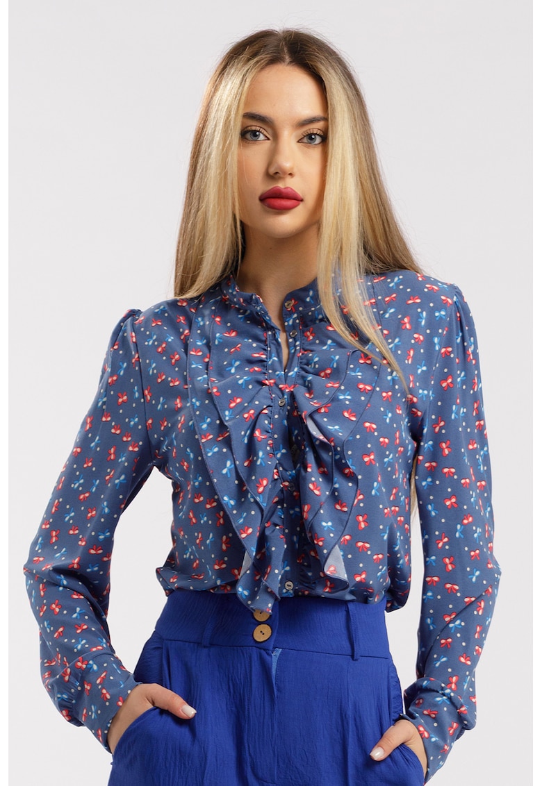 Camasa cu aplicatii cu volane si model - Rosu/Bleumarin