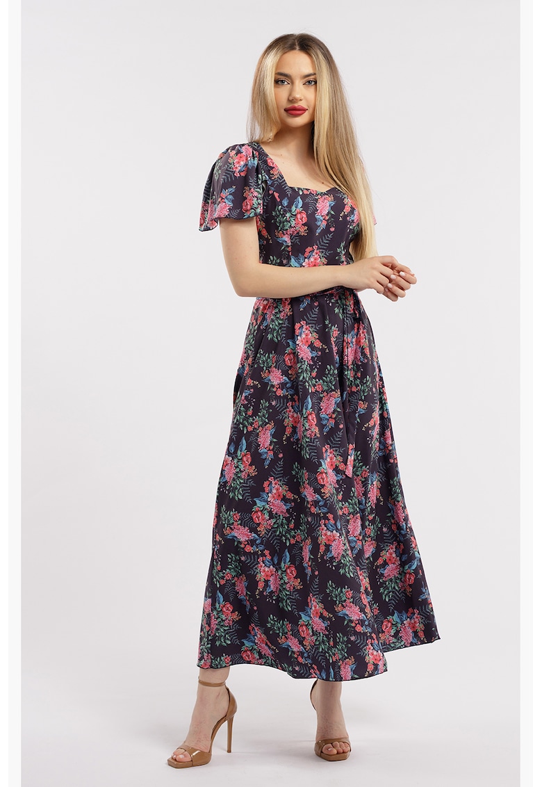 Rochie maxi cu croiala in A si model - Negru/Roz