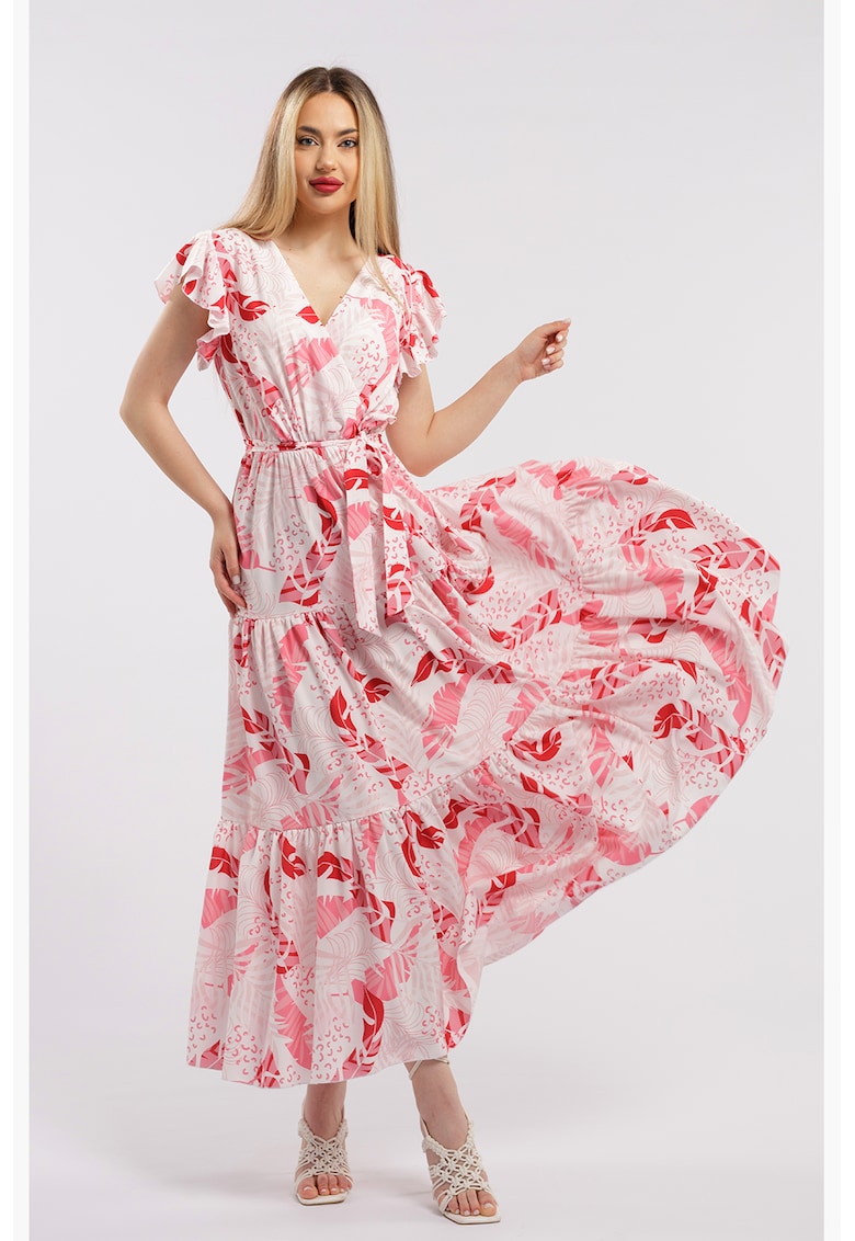 Rochie lunga cu decolteu in V - Alb/Roz