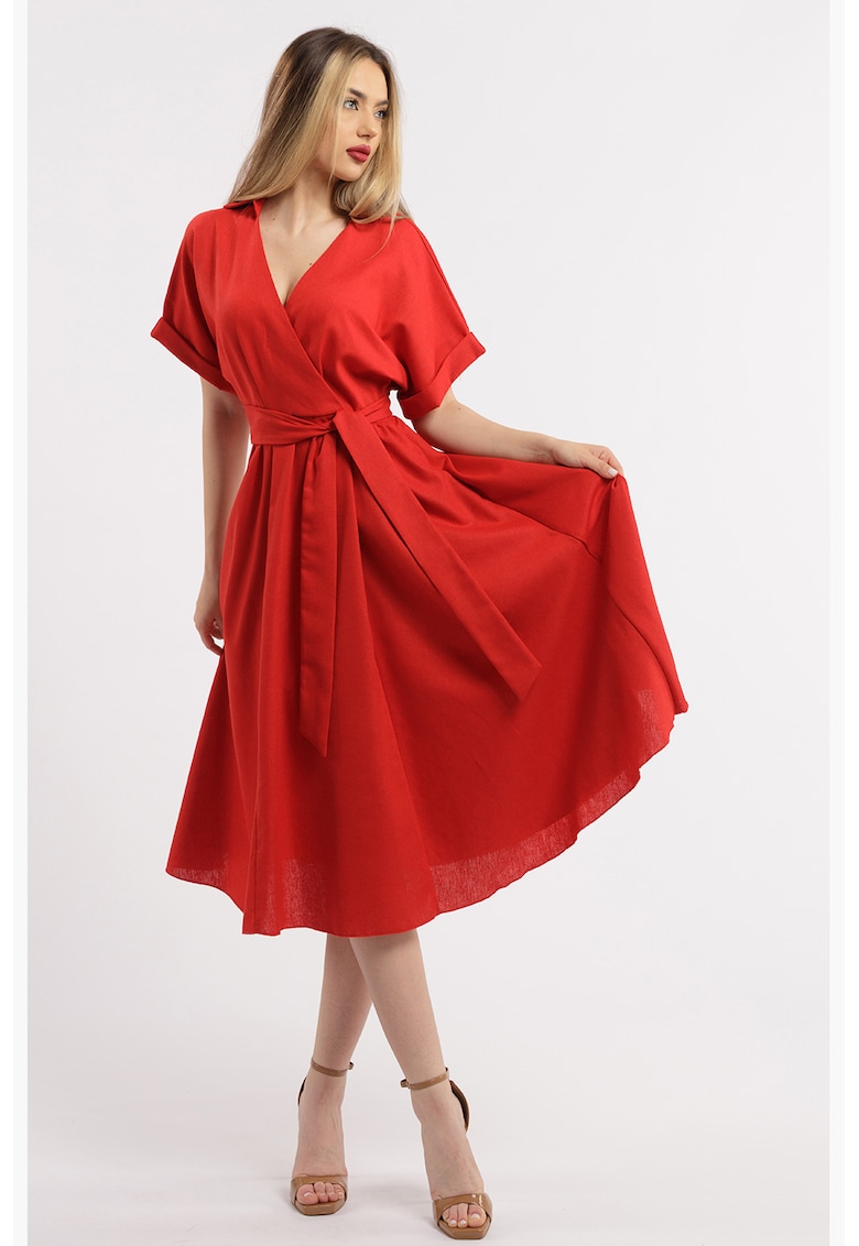 Rochie midi evazata din in cu decolteu in V - Rosu