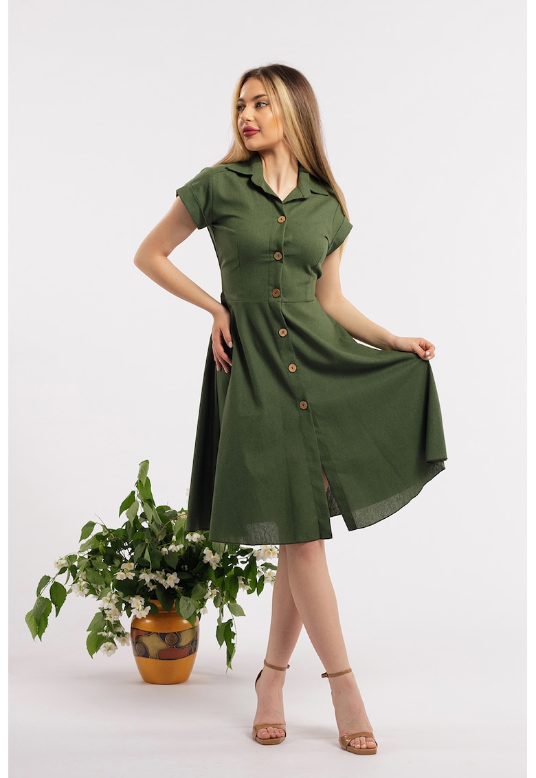 Rochie-camasa evazata din in - Kaki