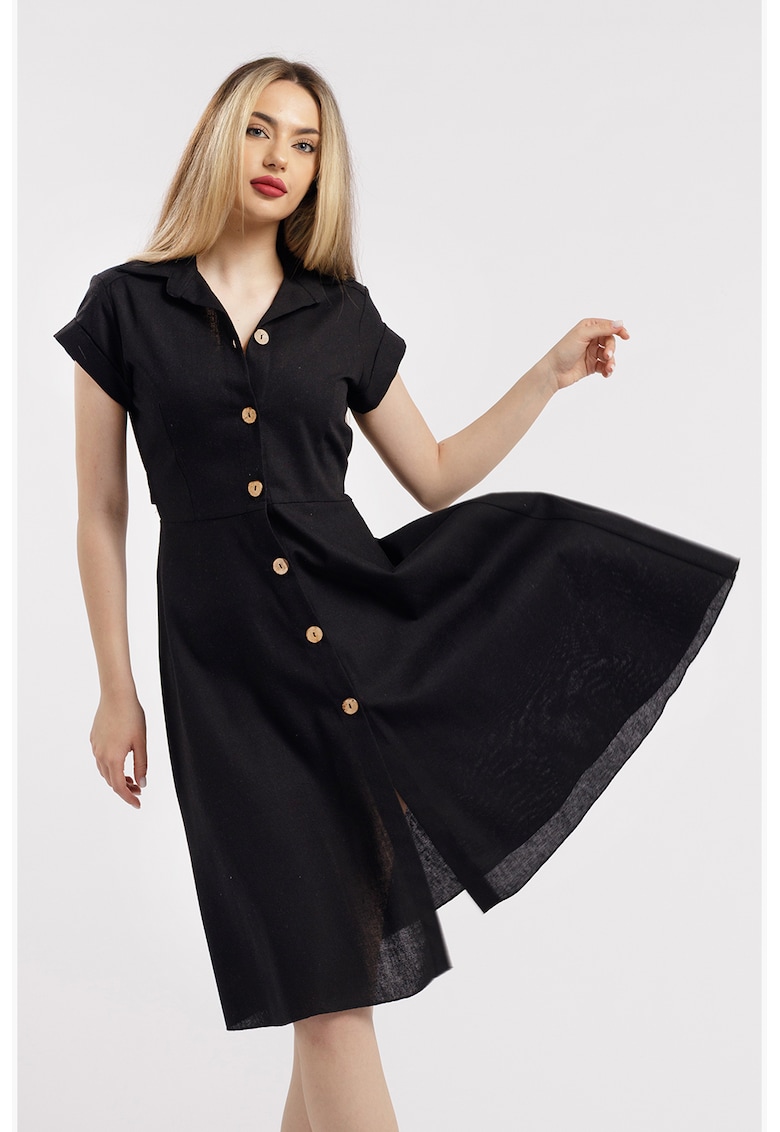 Rochie-camasa evazata din in - Negru