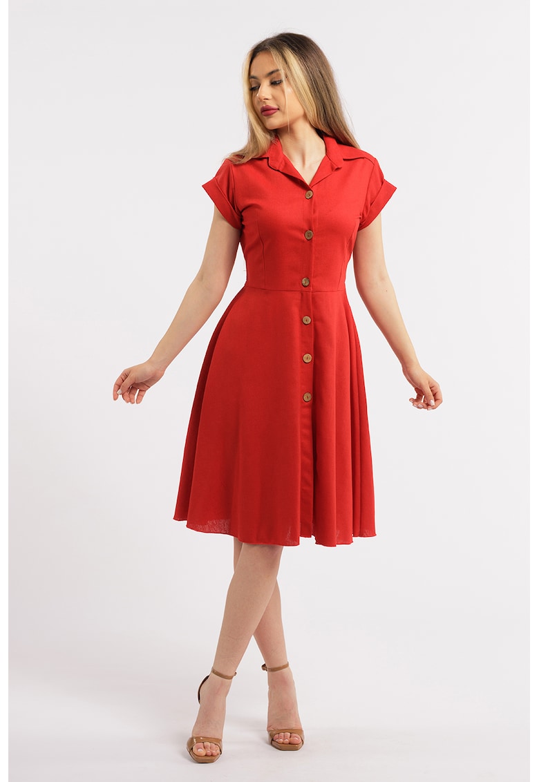 Rochie-camasa evazata din in - Rosu