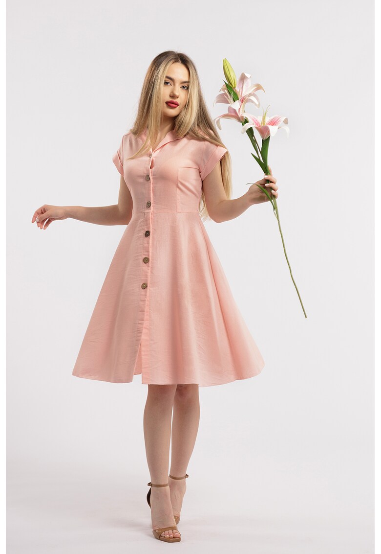 Rochie-camasa evazata din in - Roz pal