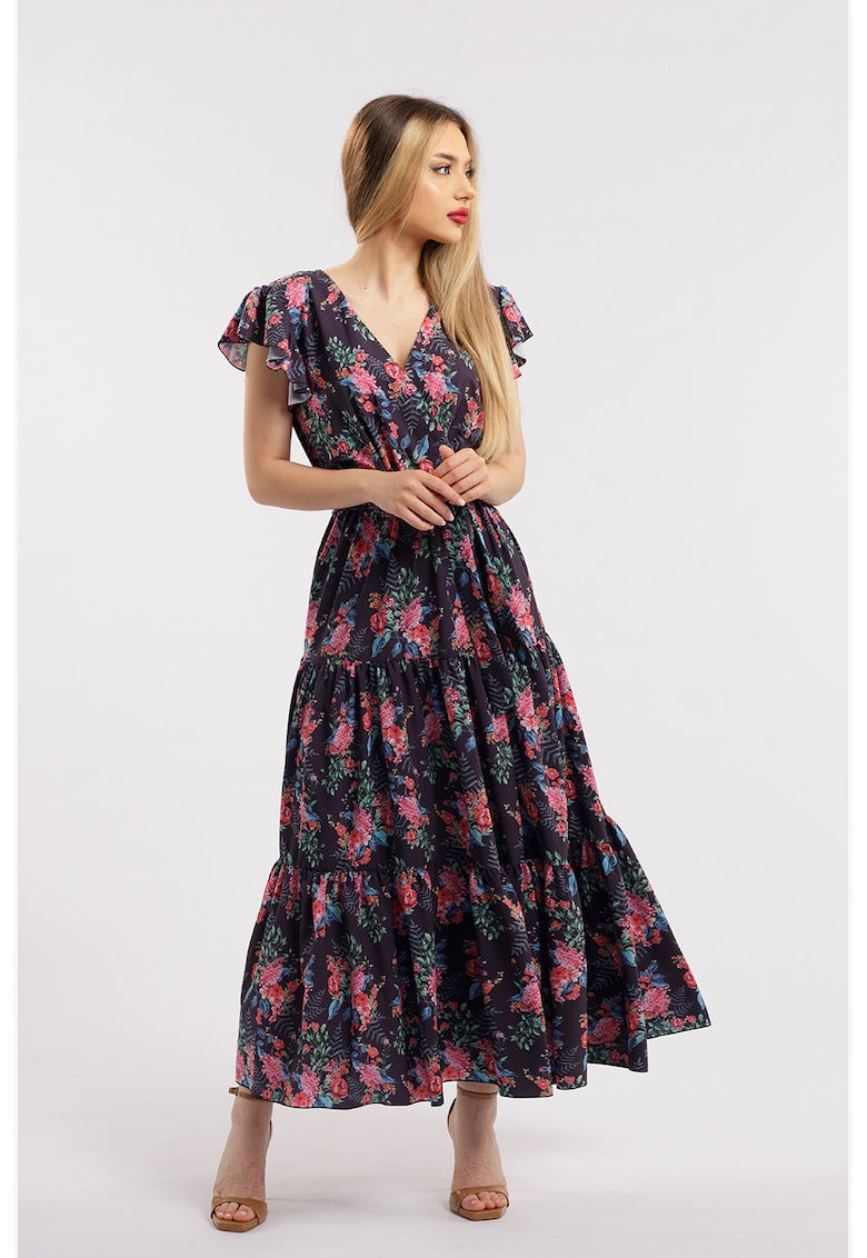 Rochie lunga cu decolteu in V - Roz/Bleumarin