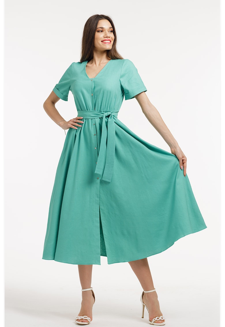Rochie midi cu croiala evazata - decolteu in V si cordon in talie - Verde menta