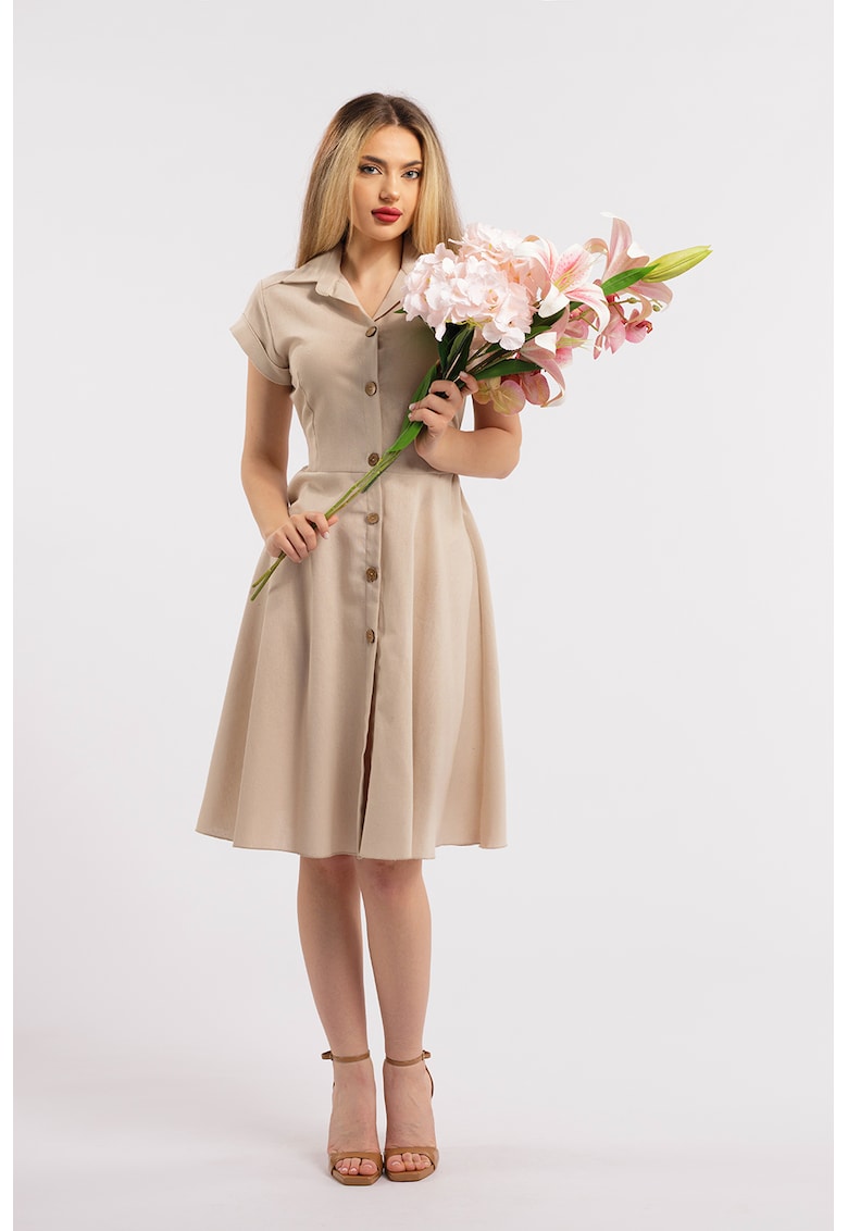 Rochie-camasa evazata din in - Bej