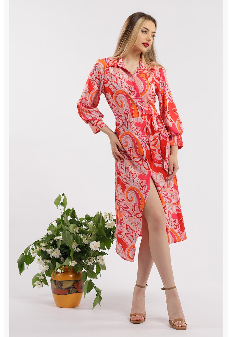 Rochie midi cu croiala petrecuta si slit frontal - Rosu/Roz