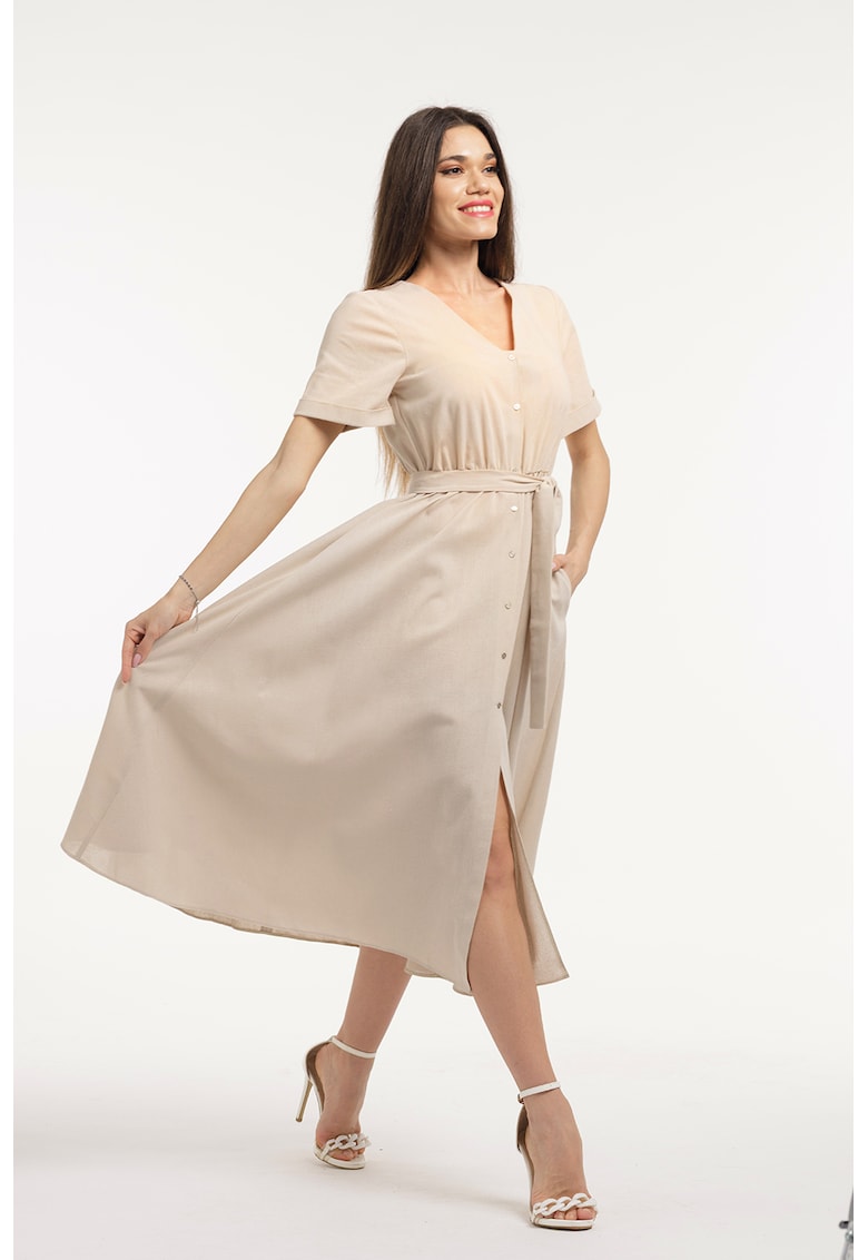 Rochie midi cu croiala evazata - decolteu in V si cordon in talie - Bej