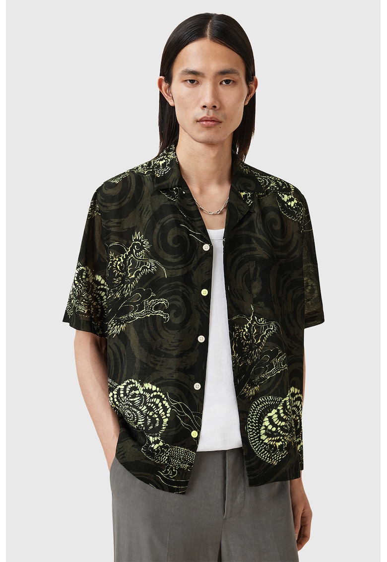 Camasa din amestec de in cu model chinezesc traditional Sidewinder - Negru/Verde padure