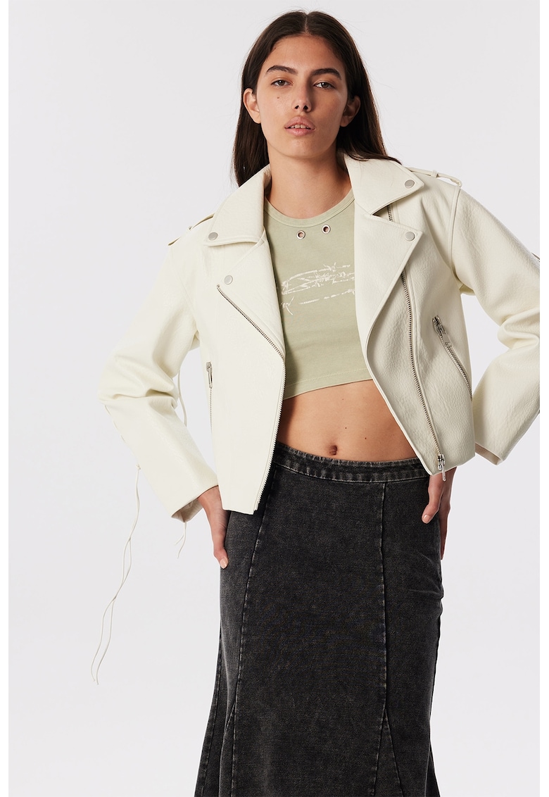 Jacheta crop din piele ecologica cu buzunare cu fermoar - Bej deschis