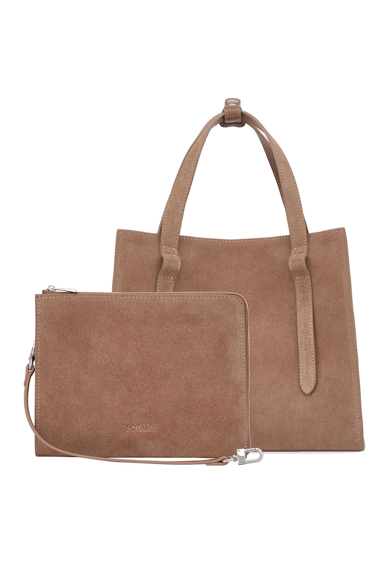 Geanta shopper din piele intoarsa cu etui - Maro deschis