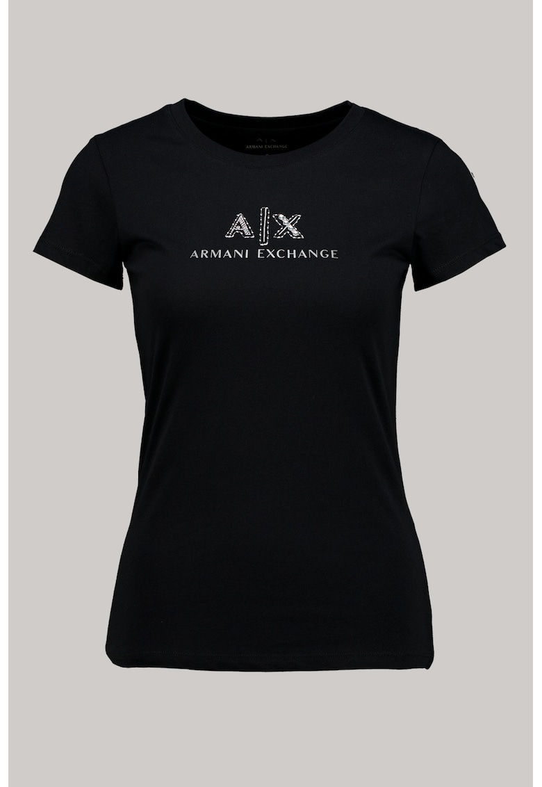 Tricou de bumbac cu decolteu rotund si logo - Negru/Argintiu