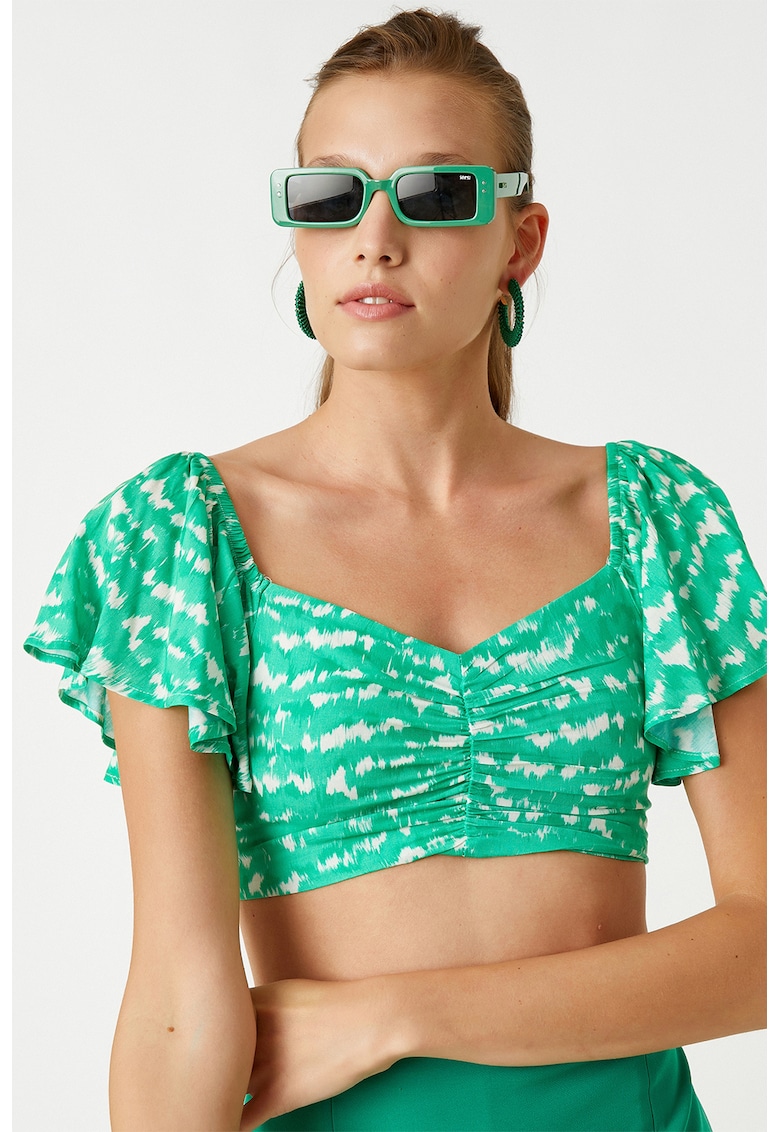Bluza crop cu imprimeu grafic - Alb/Verde