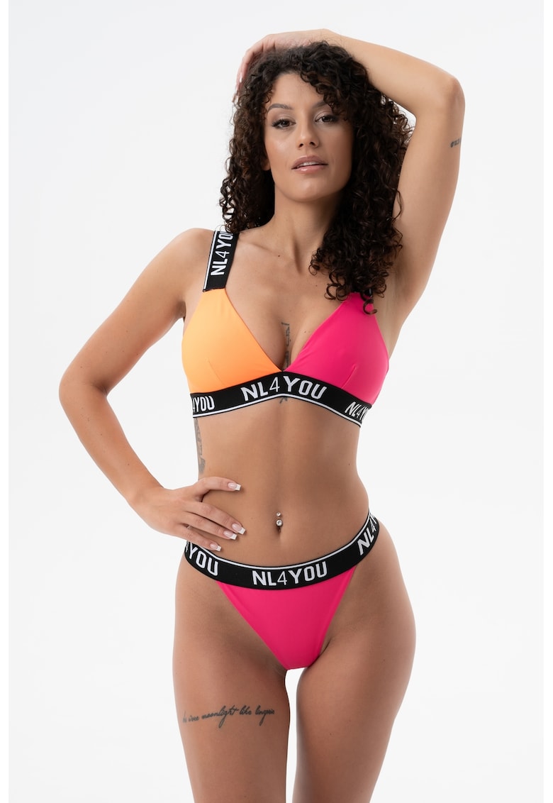 Costum de baie din doua piese cu benzi logo - Roz aprins/Portocaliu persan