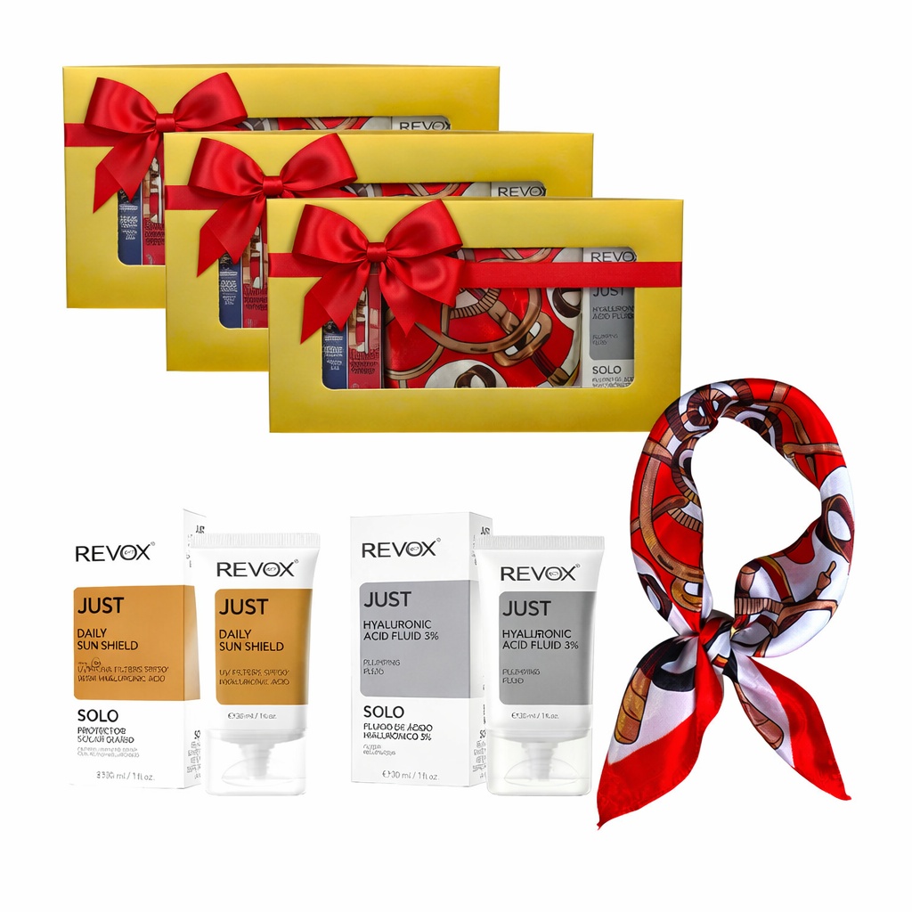 3 x Set Elysa – Ser Revox Hyaluronic Acid 3% 30ml, Crema SPF50 Revox 30ml, Esarfa