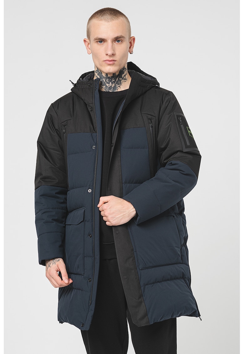 Geaca lunga cu buzunare frontale - Negru/Verde electric/Bleumarin