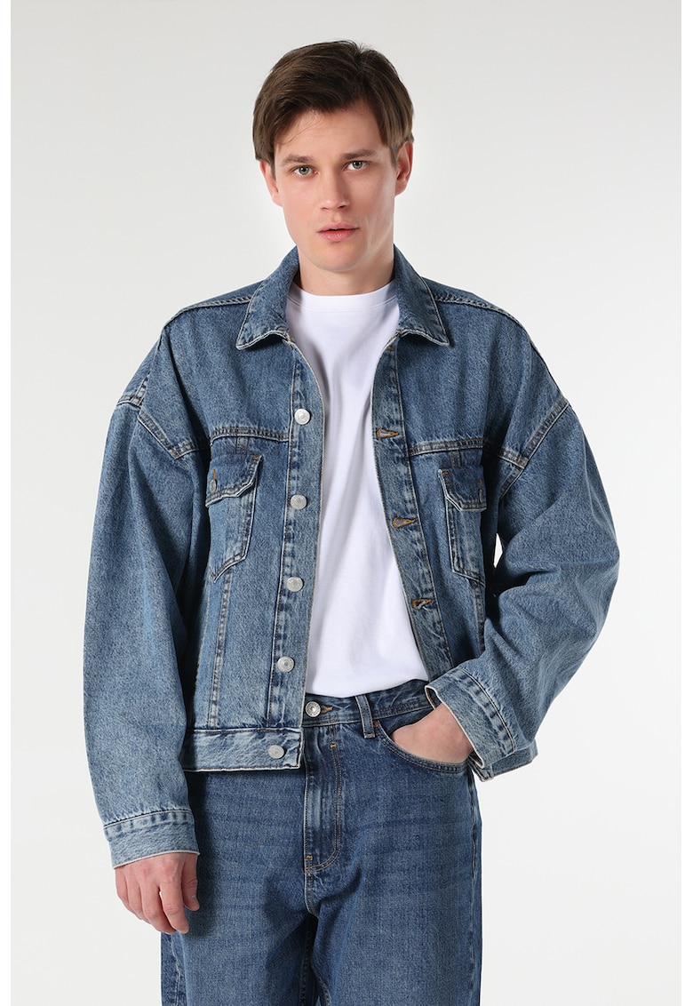 Jacheta de denim cu maneci cazute - Albastru inchis