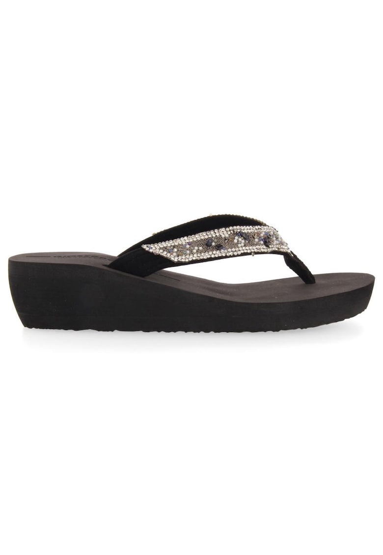 Papuci wedge cu bareta separatoare - margele si strasuri Mezzago - Negru