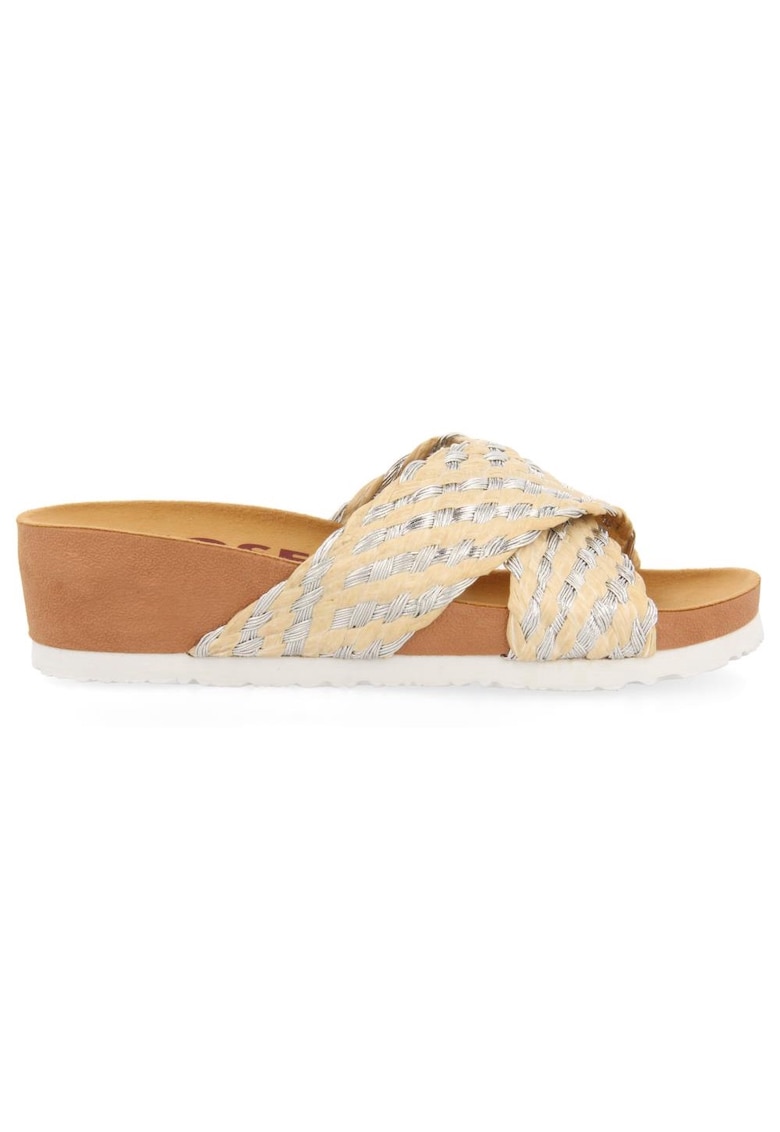 Papuci wedge de paie cu aspect impletit - Maro nisip